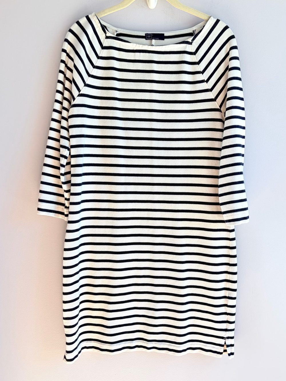 GAP Knit Dress Black Cream Stripes 3/4 Sleeve Boat Neck Cotton Office EUC Small